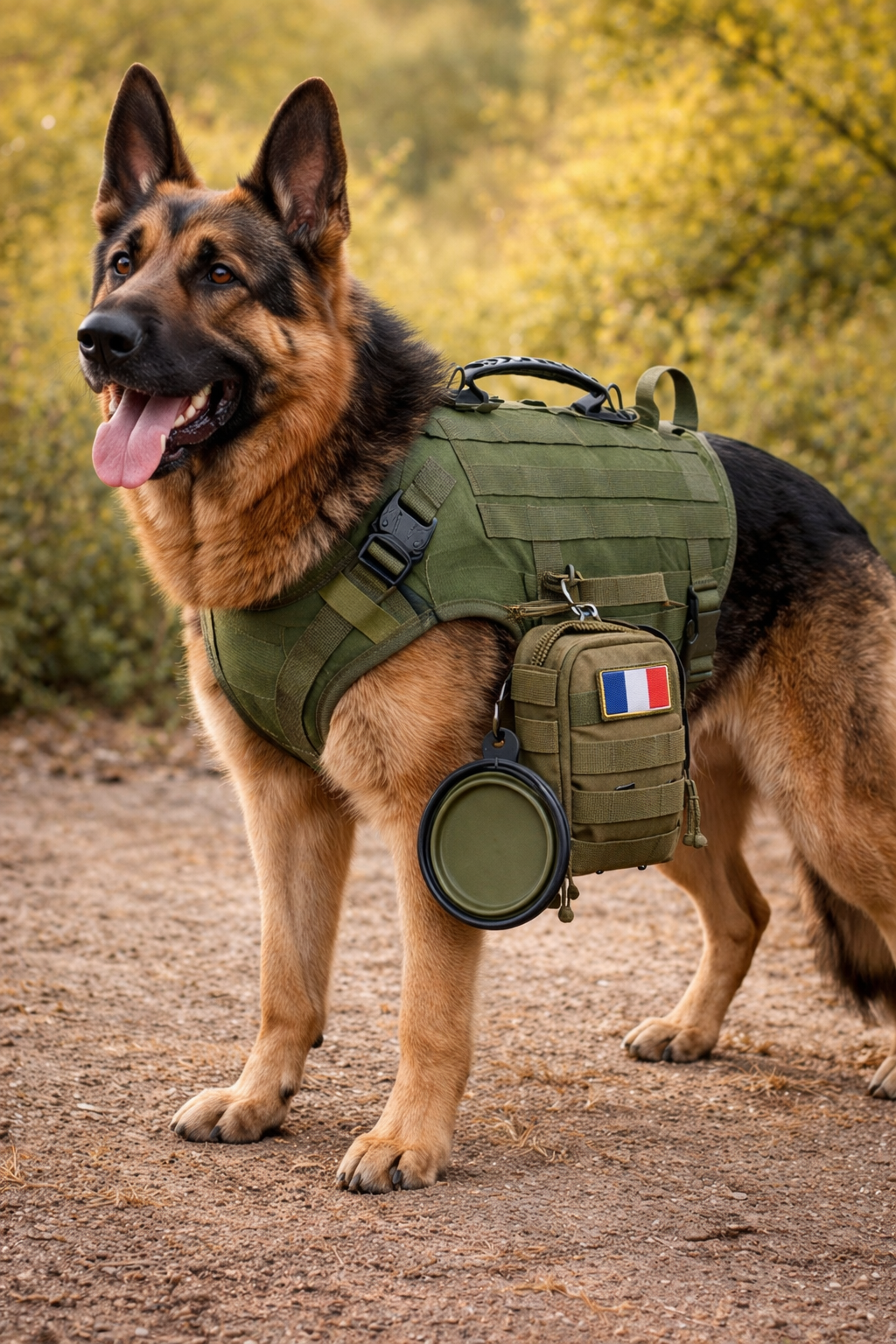 Harnais tactique militaire MOLLE grand chien — grand chien portant le harnais en randonnée
