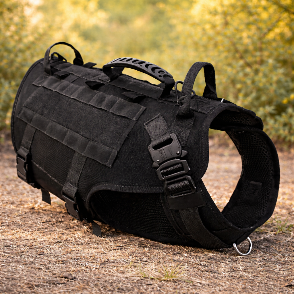 Harnais tactique militaire MOLLE grand chien — anneau d'attache laisse en acier inoxydable