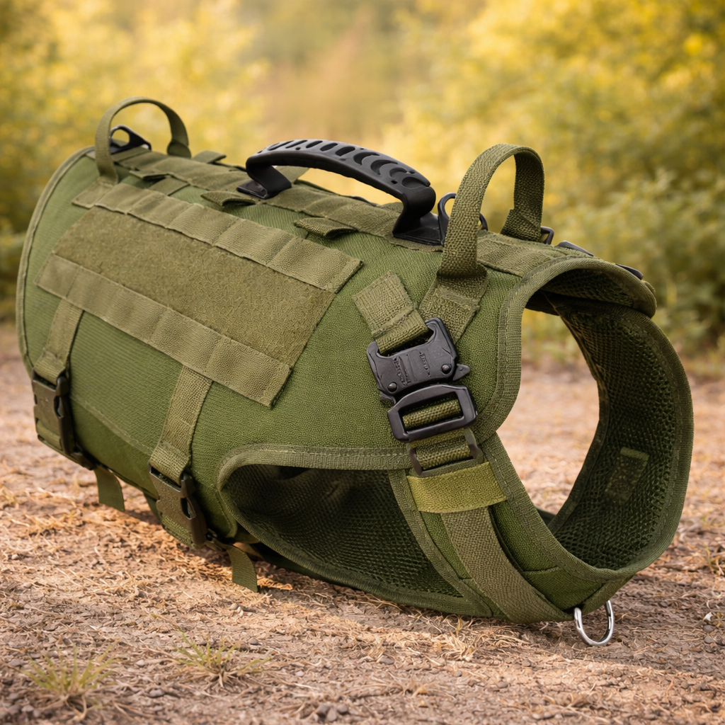 Harnais tactique militaire MOLLE grand chien — configuration dressage et travail