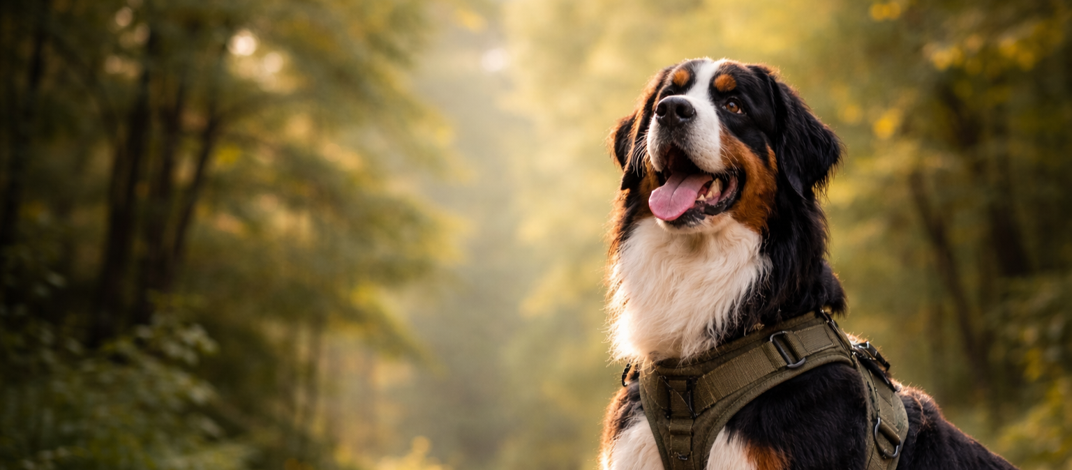 Bouvier Bernois portant un harnais tactique en forêt automnale