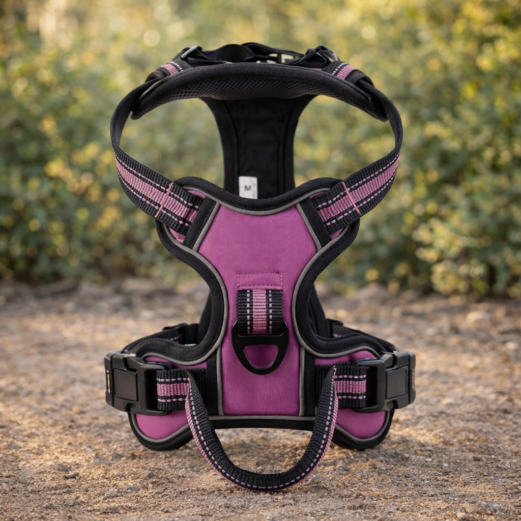 Harnais anti-traction 4 points grand chien — bandes réfléchissantes pour nuit