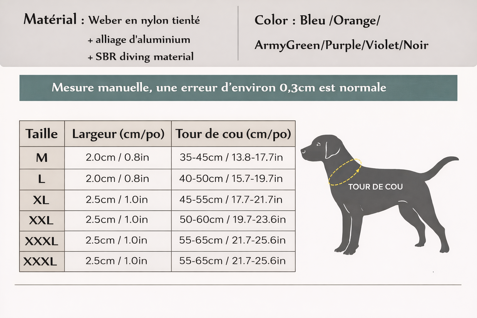 Collier semi-étrangleur anti-traction grand chien — collier léger lavable pour sports canins