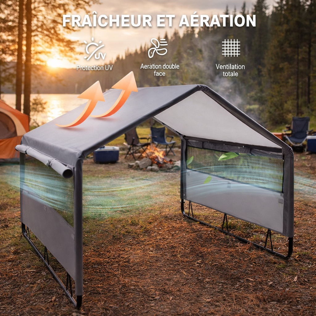 Tente imperméable pour grand chien Grandes Pattes — intérieur avec couchage anti-UV