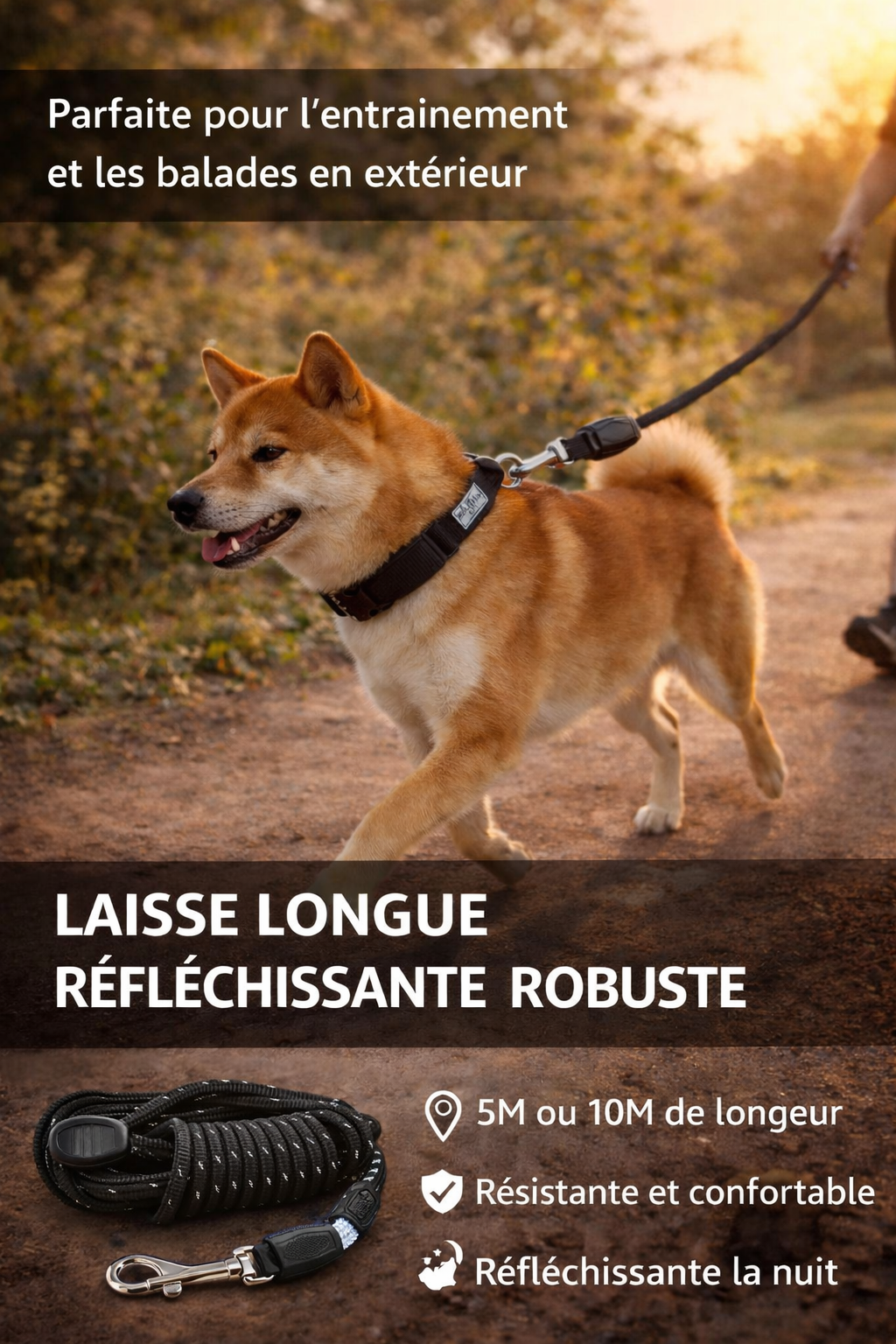 Longe d'entraînement réfléchissante pour grand chien — longueurs 5 et 10 mètres disponibles