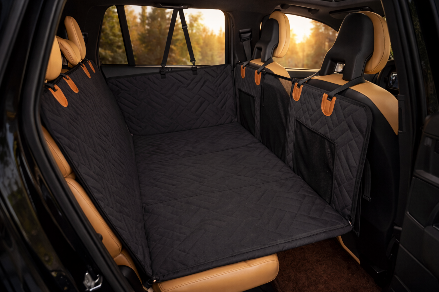 Plateforme voyage XL imperméable pour grand chien — extension de banquette installée dans une voiture