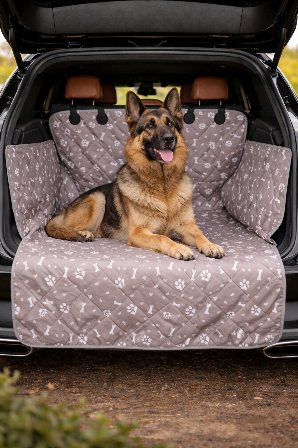 Housse de coffre matelassée motif pattes grand chien — installation dans un SUV avec parois latérales