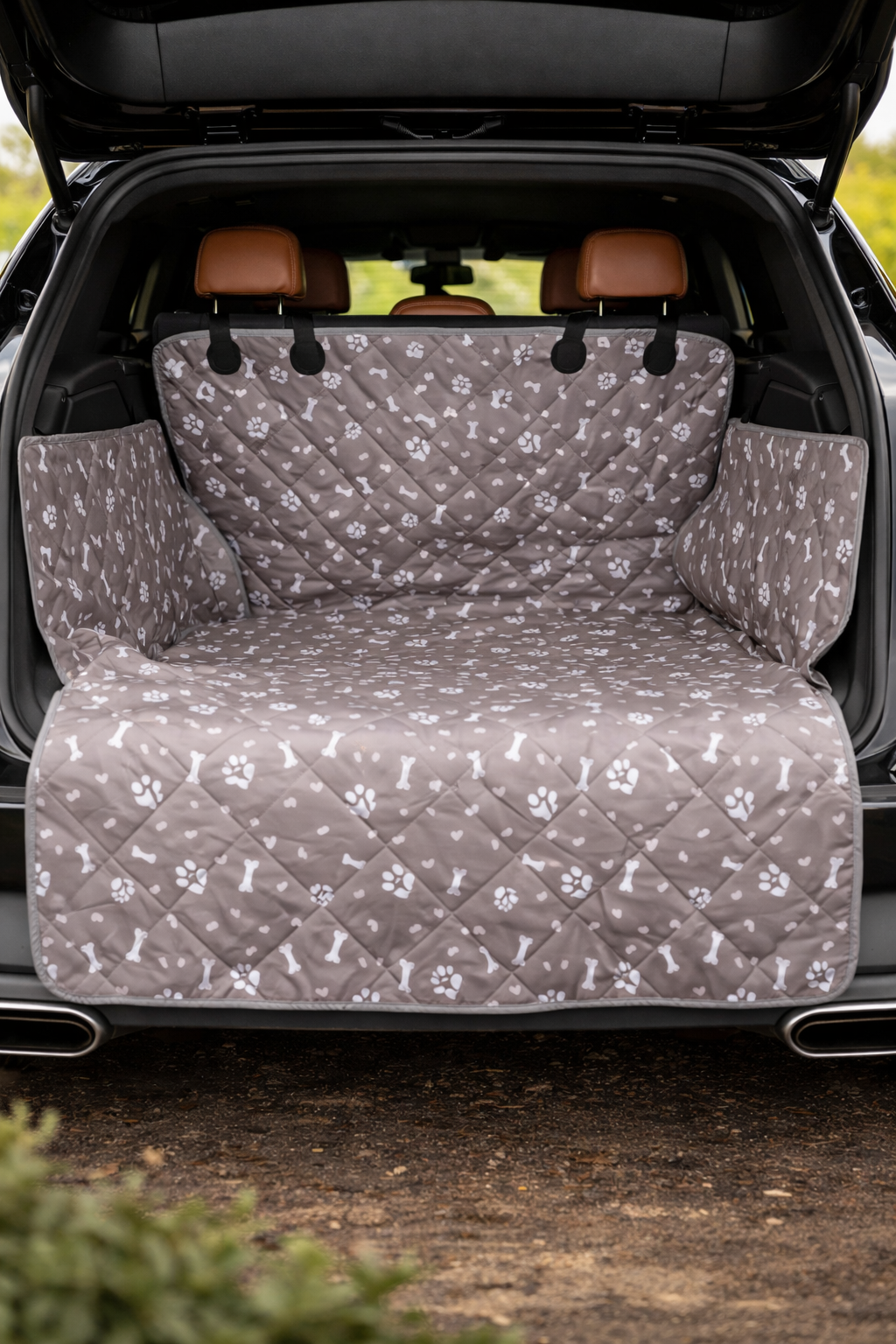 Housse de coffre matelassée motif pattes grand chien — housse coffre motif pattes vue principale