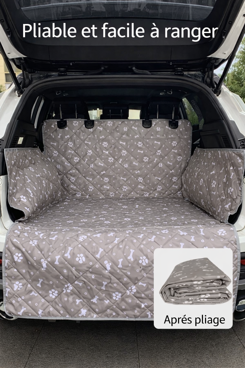 Housse de coffre matelassée motif pattes grand chien — compatibilité berline break et SUV